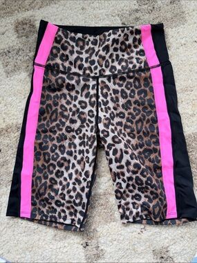 Veronica Beard Leopard Print Athletic Biker Shorts with Hot Pink Side Panels